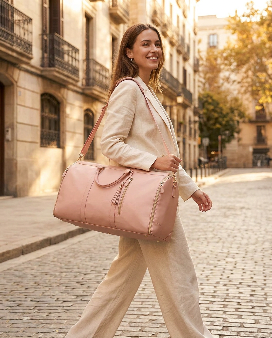 Woman walking on a European street carrying the Bergamo bag