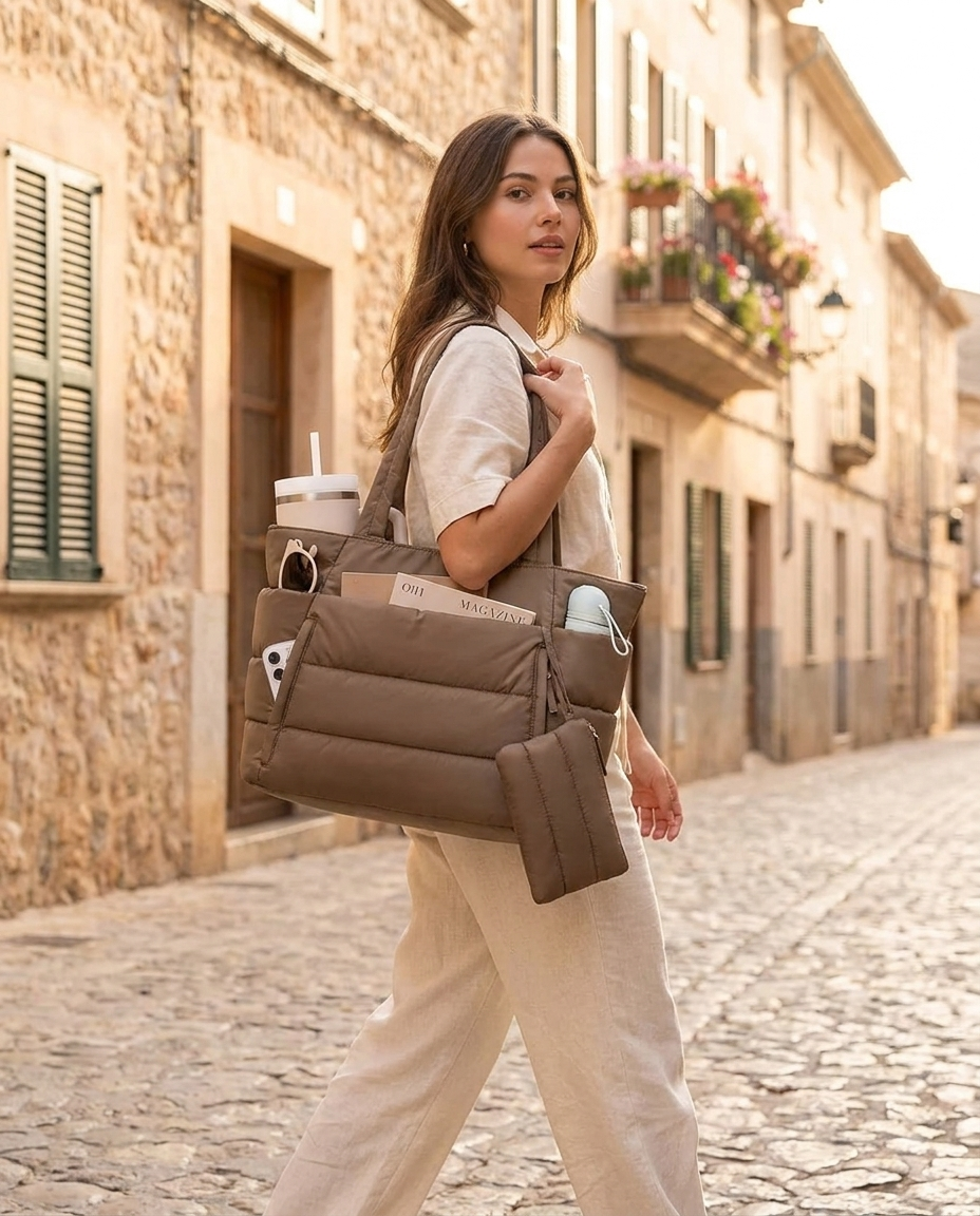 Woman carrying the Cloudtote over her shoulder on a European street