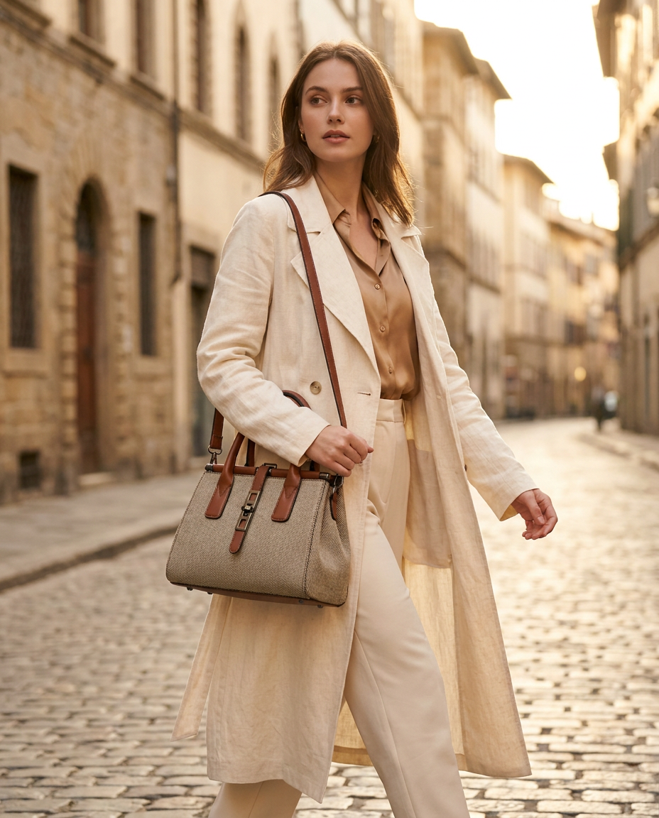 PU leather Woman walking on a European street carrying the Trieste bag