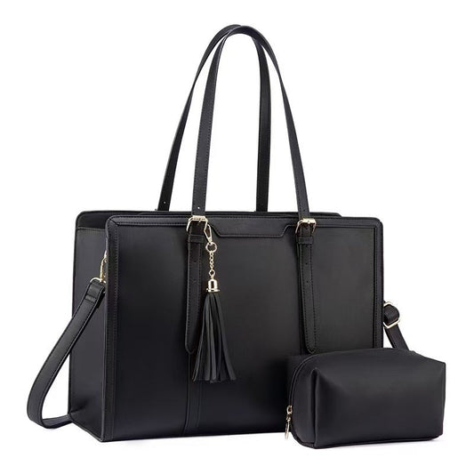 Black PU leather laptop bag with expansion feature and shoulder strap