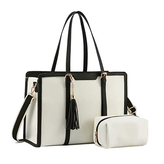 Black PU leather laptop bag with expansion feature and shoulder strap
