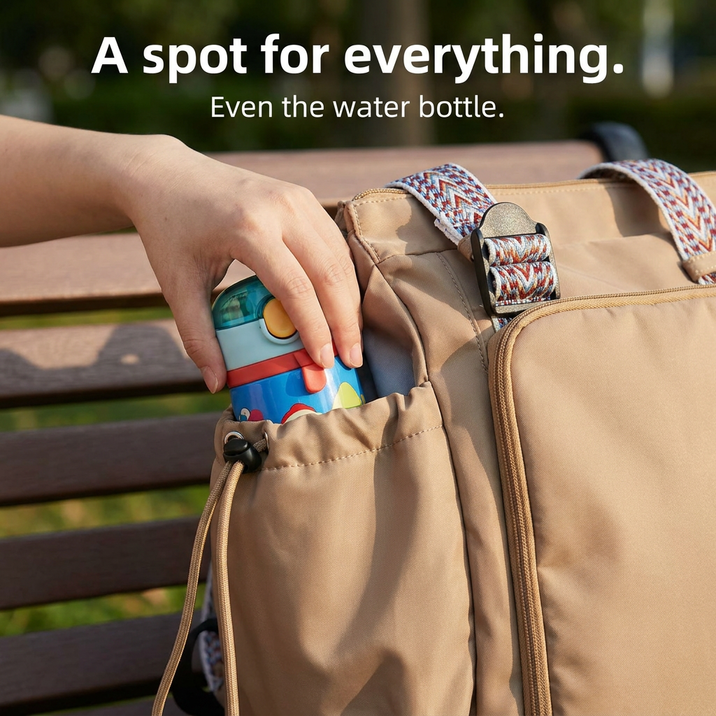 Hand slipping a kids water bottle into the drawstring side pocket of the Plexiana bag