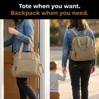 Side-by-side photo of the Plexiana bag carried as a tote and worn as a backpack
