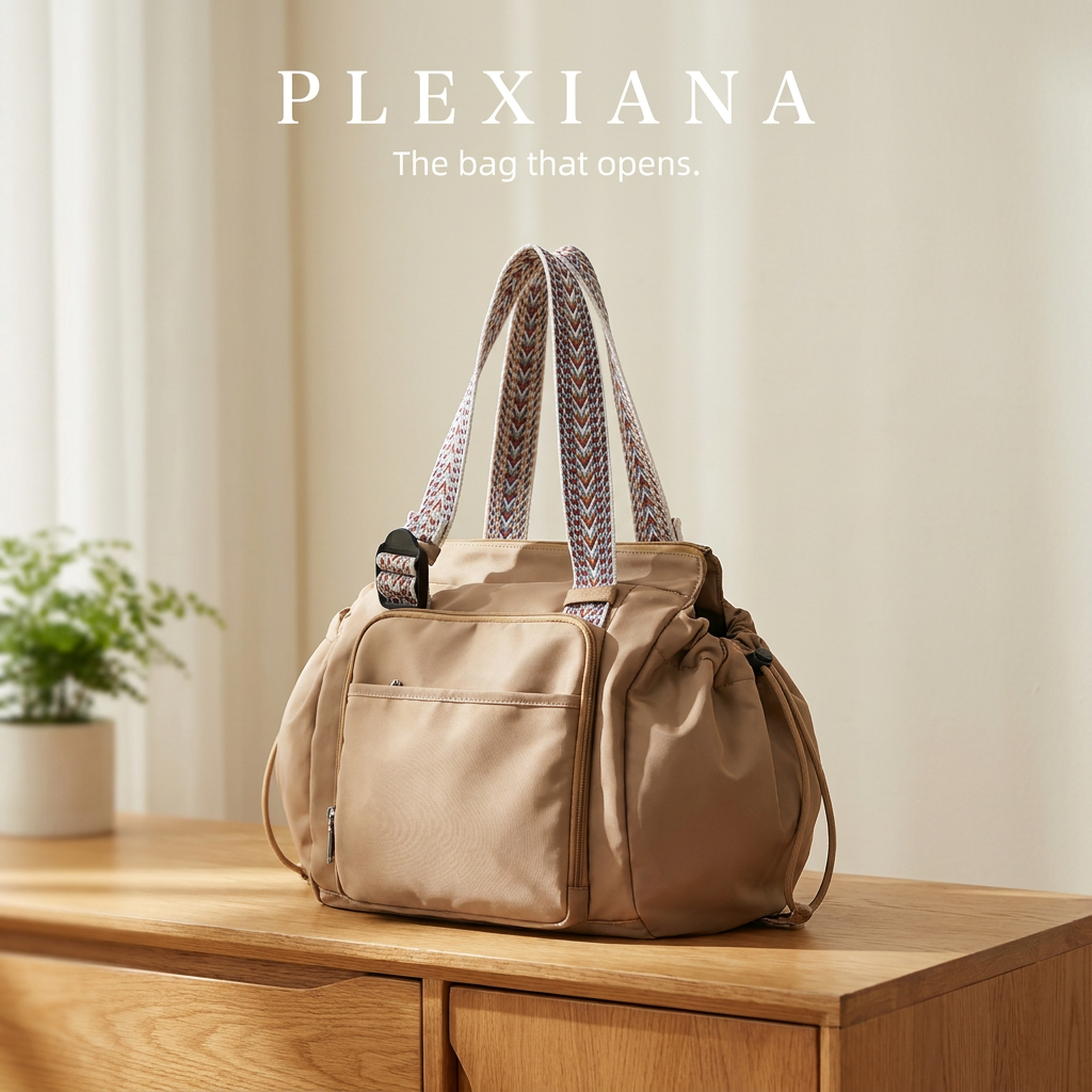 Plexiana bag on a wooden sideboard under the Plexiana logo