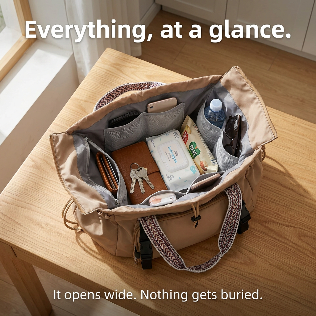 Open Plexiana bag from above with phone, wallet, keys, wipes, snacks, sunglasses and a water bottle each in their own spot