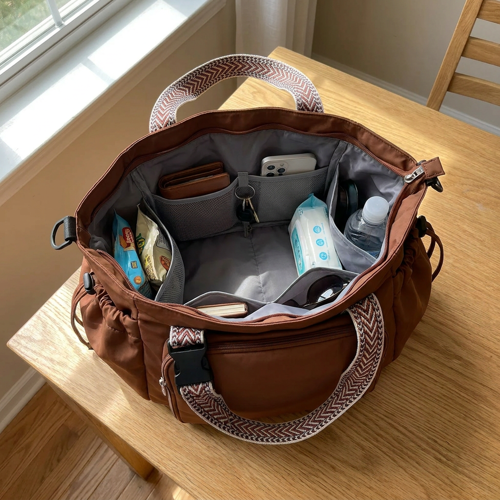 Top-down view into the open Plexiana bag showing every compartment at once
