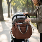 Plexiana bag hanging from a stroller handlebar while a mom slips a tablet inside