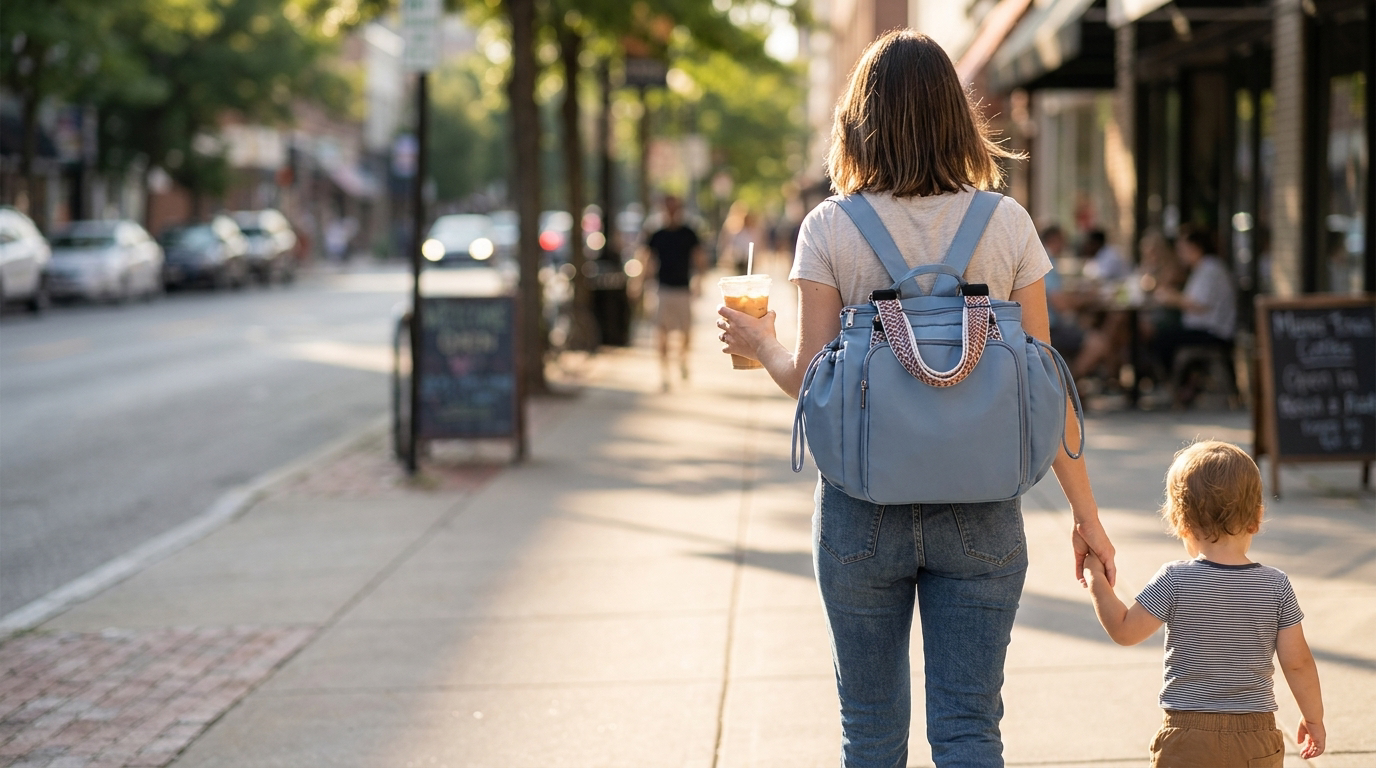 Mom holding her son's hand on a sunny sidewalk, carrying the blue Plexiana bag as a backpack