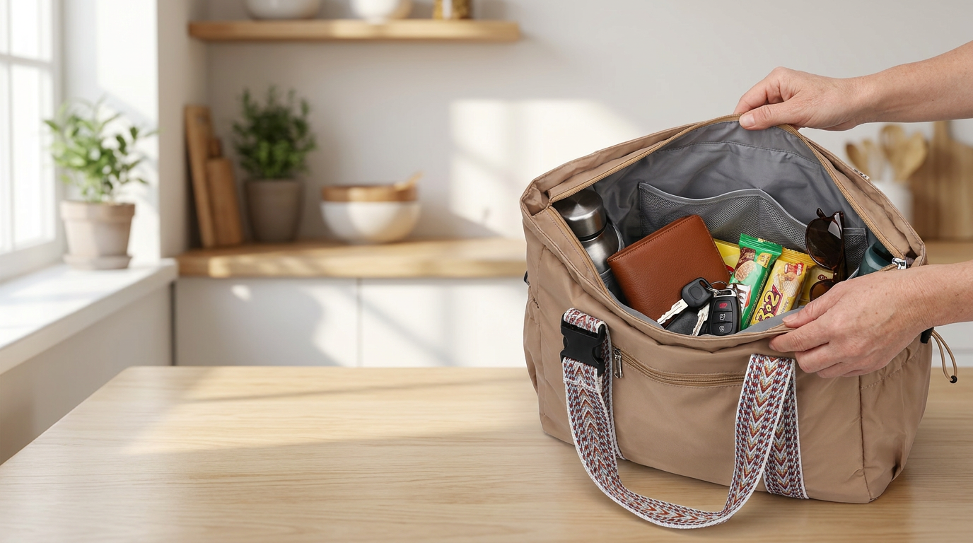 Plexiana bag open wide on a kitchen counter with a hand reaching straight in, wallet, keys and bottle all visible