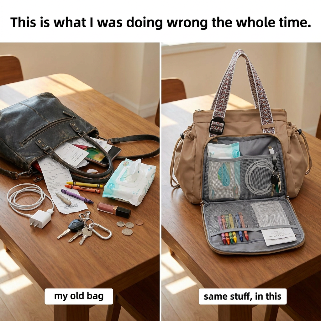 Split photo: contents of an old bag dumped across a table, next to the same items sitting organized inside the Plexiana bag