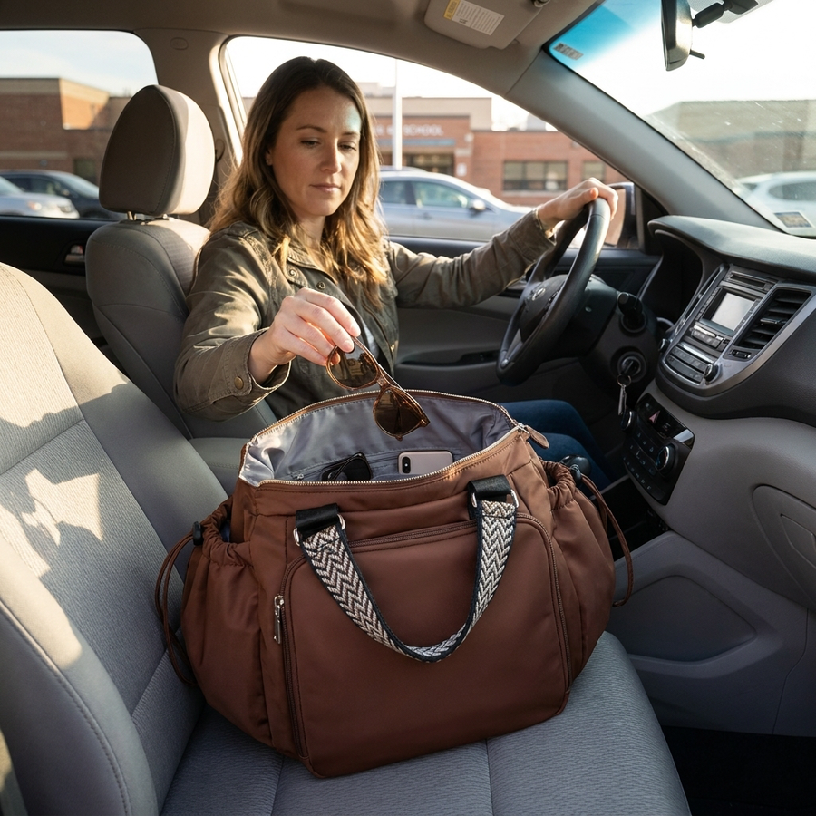 Plexiana bag open on the passenger seat while parked, everything inside visible