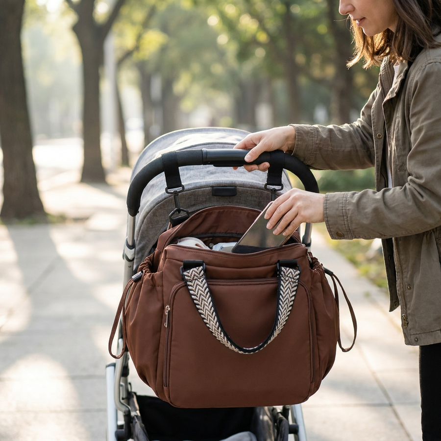 Plexiana bag hanging from a stroller handlebar while a mom slips a tablet inside