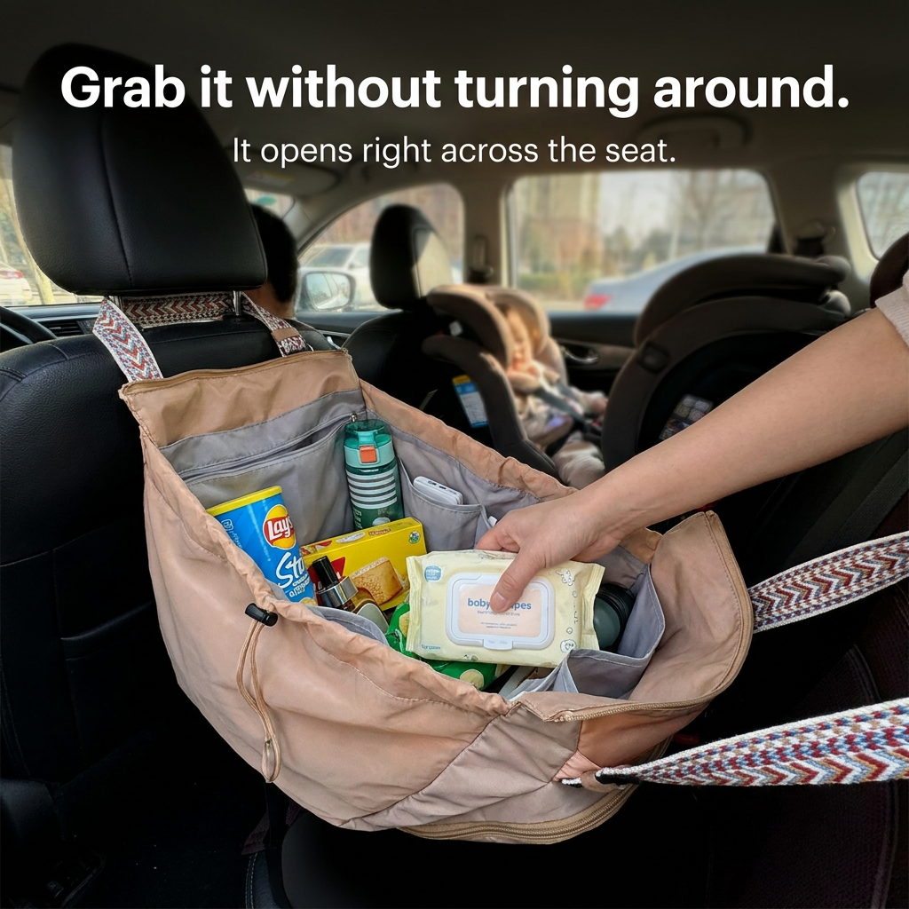 Plexiana bag hanging open across the back seat, a hand grabbing wipes without turning around