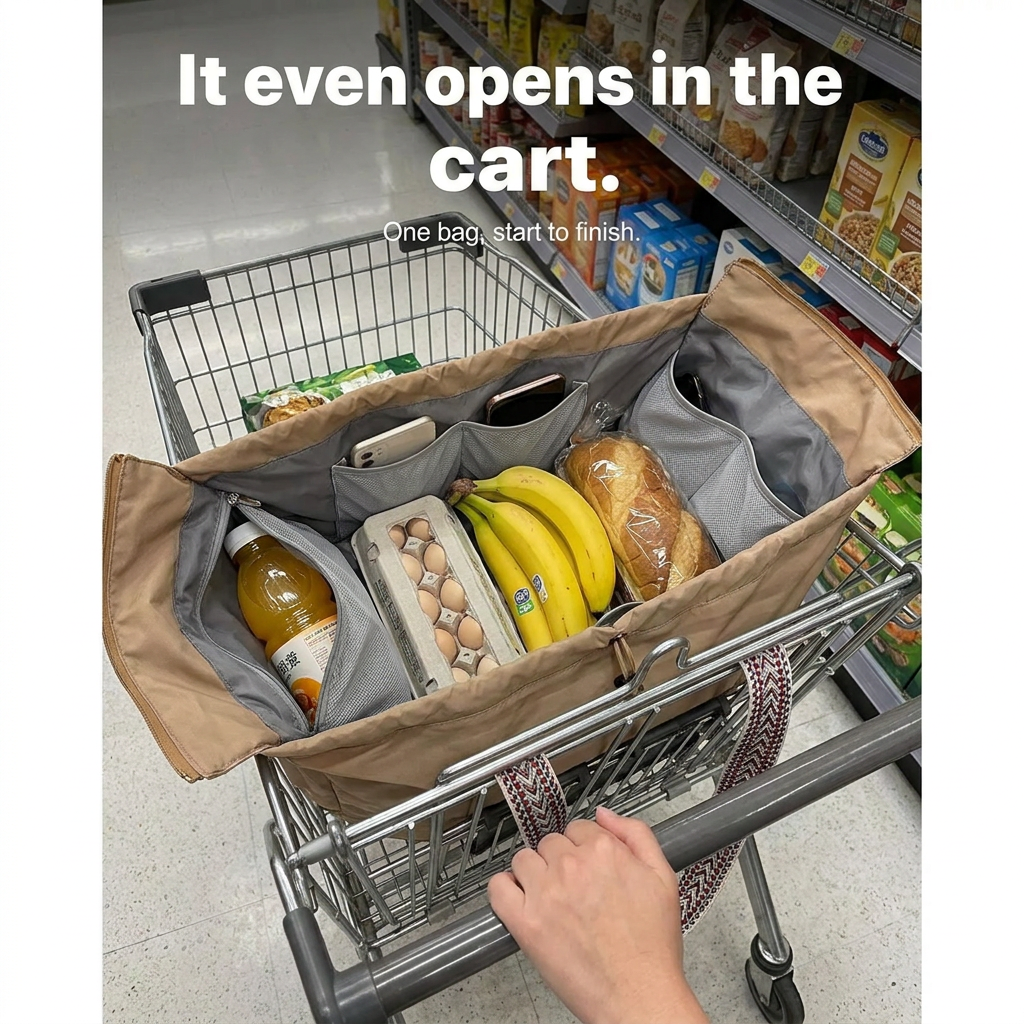 Plexiana bag open inside a grocery cart holding eggs, bananas, juice and bread