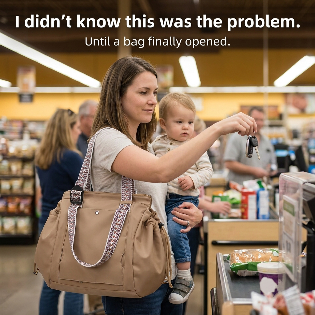 Mom holding her toddler at a grocery checkout, pulling her keys straight out of the Plexiana bag