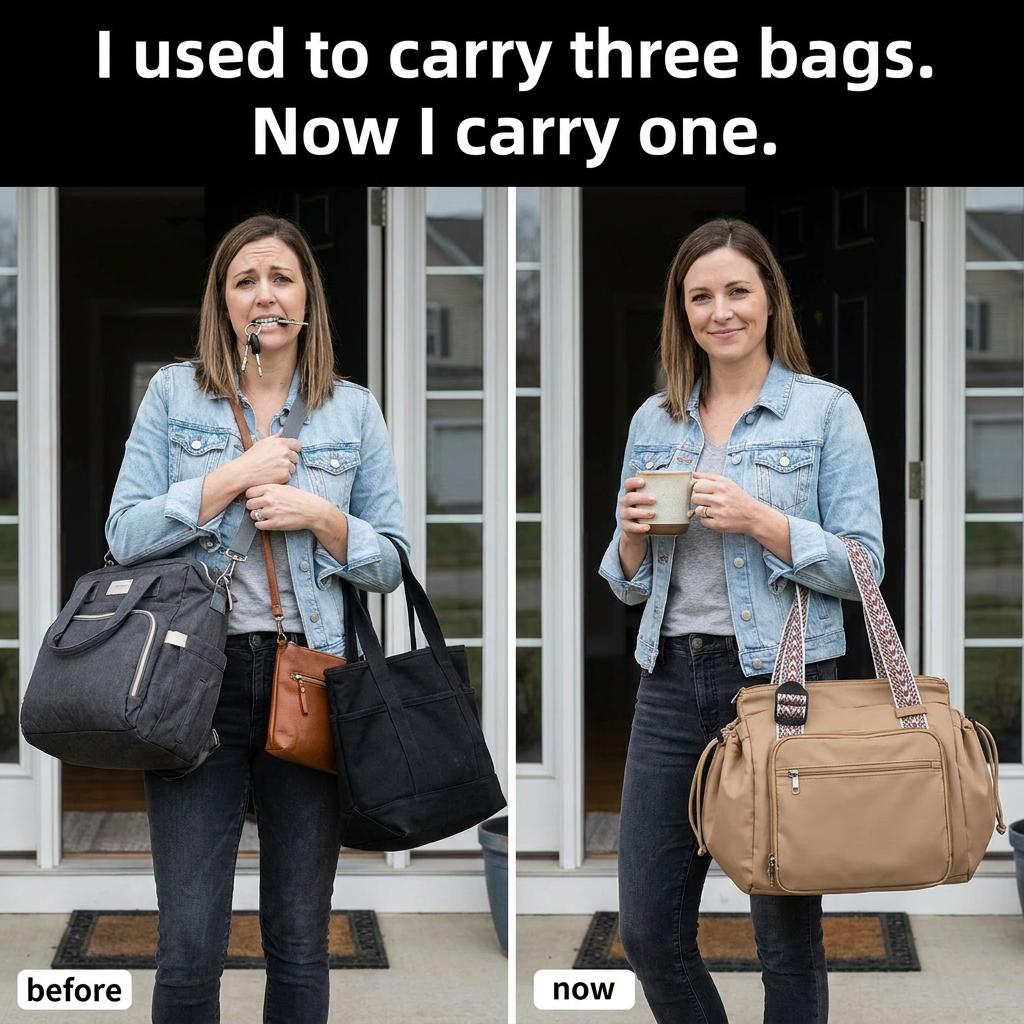 Before and after photo: carrying three separate bags versus one Plexiana bag and a coffee